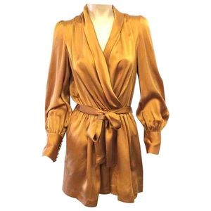 Zimmermann Plunge Wrap Gold Silk Long Sleeve Romper